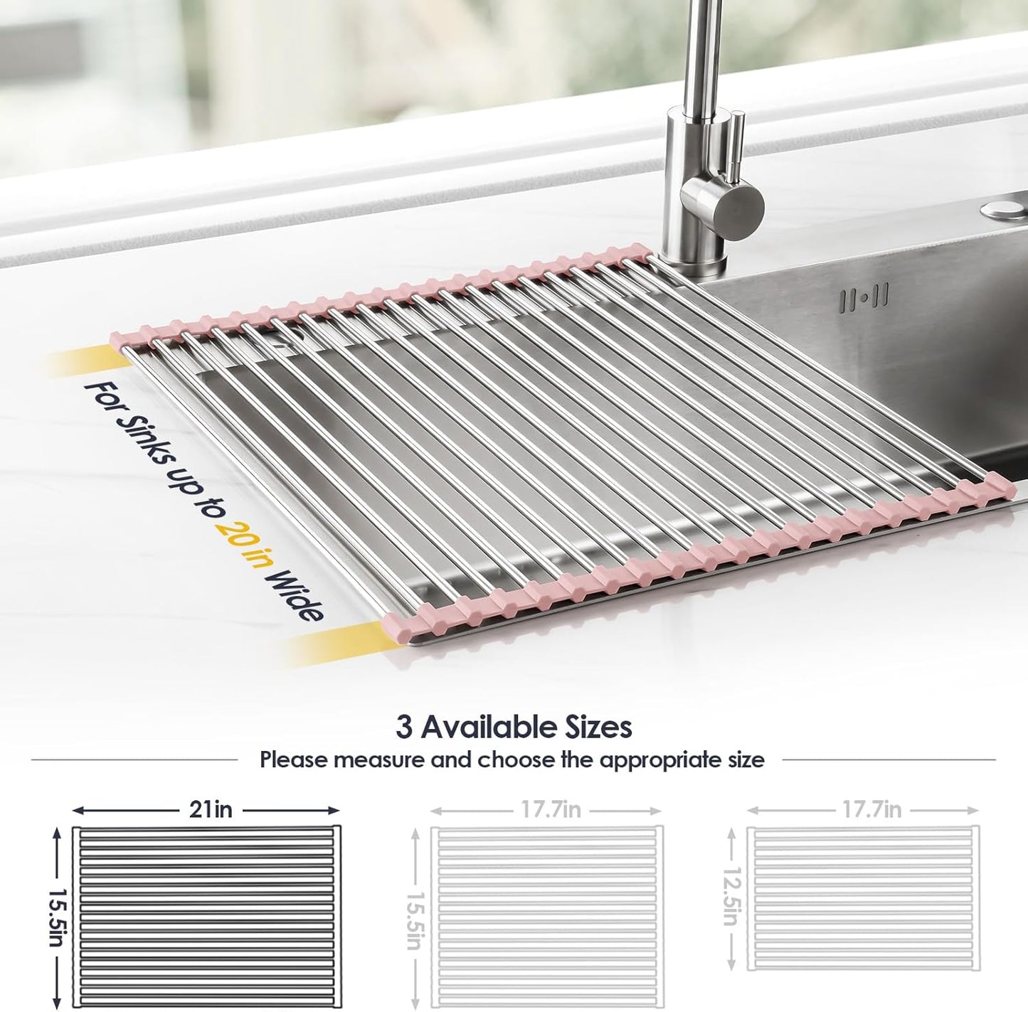Tomorotec 17.7" x 15.5" Roll Up Dish Drying Rack Over Sink Drying Rack Sink Cover Kitchen Sink Accessories Gadget Multipurpose Organizer Foldable Stainless Steel Drainer