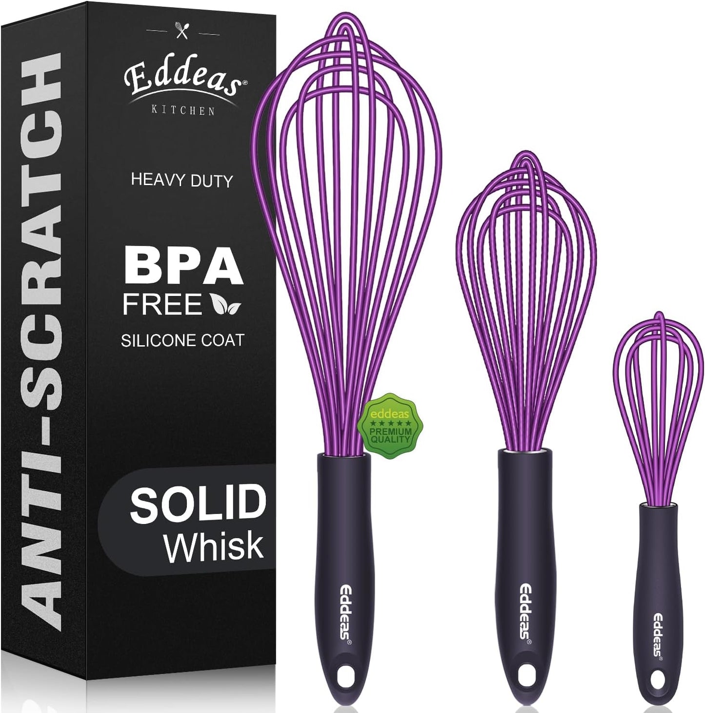 Whisks For Cooking - 500 °F Heat Resistant Silicone Whisk, Heavy Duty 7",9"&11inch Non-Scratch Balloon Kitchen Wisk tool Set, for cooking Wisking, Blending, Beating, Stirring, 3 Piece Black