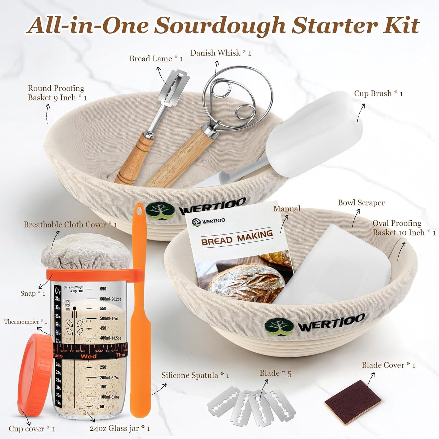 Banneton Bread Proofing Basket Set of 2, 9 Inch Round Sourdough Proofing Basket, Sourdough Starter Kit, Sourdough Bread Baking Supplies with Dough Scraper, Danish Dough Whisk, Bread Lame, Bowl Scraper