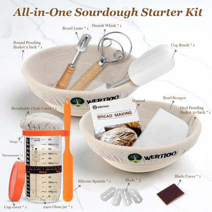 Banneton Bread Proofing Basket Set of 2, 9 Inch Round Sourdough Proofing Basket, Sourdough Starter Kit, Sourdough Bread Baking Supplies with Dough Scraper, Danish Dough Whisk, Bread Lame, Bowl Scraper