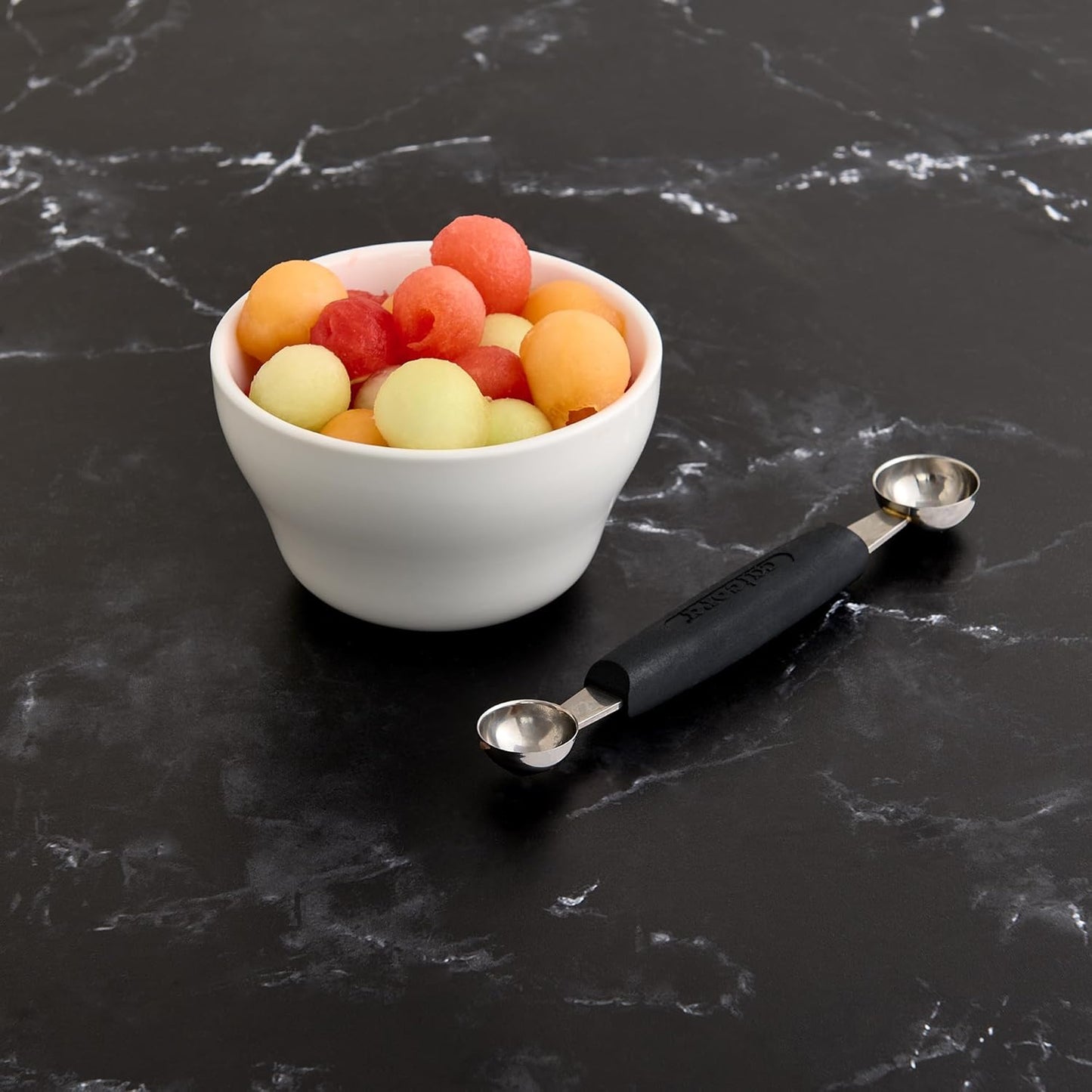 Cat Cora Melon Baller, Professional 18/8 Stainless Steel Dual Blades 10/15-Millimeter for Melon Balls and Garnishes, Ergonomic Soft-Grip Handle
