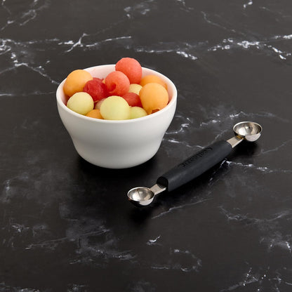 Cat Cora Melon Baller, Professional 18/8 Stainless Steel Dual Blades 10/15-Millimeter for Melon Balls and Garnishes, Ergonomic Soft-Grip Handle