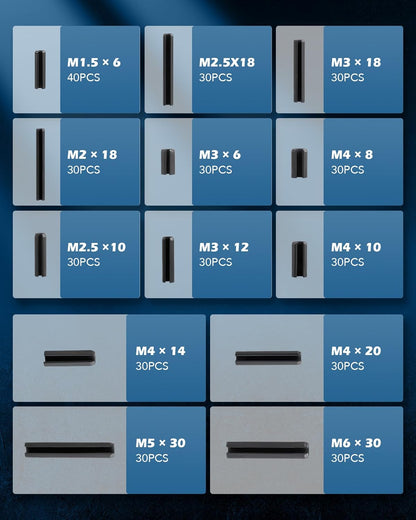 ZELCAN 400pc Roll Pin Set, M1.5 M2 M2.5 M3 M4 M5 M6 Slotted Metric Spring Pins in Various Lengths, Steel Split Expansion Pin Hardware Assortment Kit