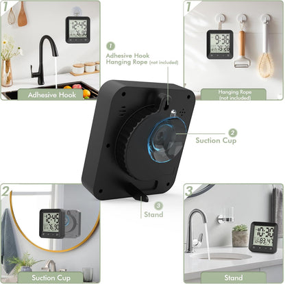 Waterproof Shower Clock, Digital Bathroom Kitchen Wall Clock Timer with Temperature, Touch Screen, Suction, Hanging Hole, Battery Operated, Black