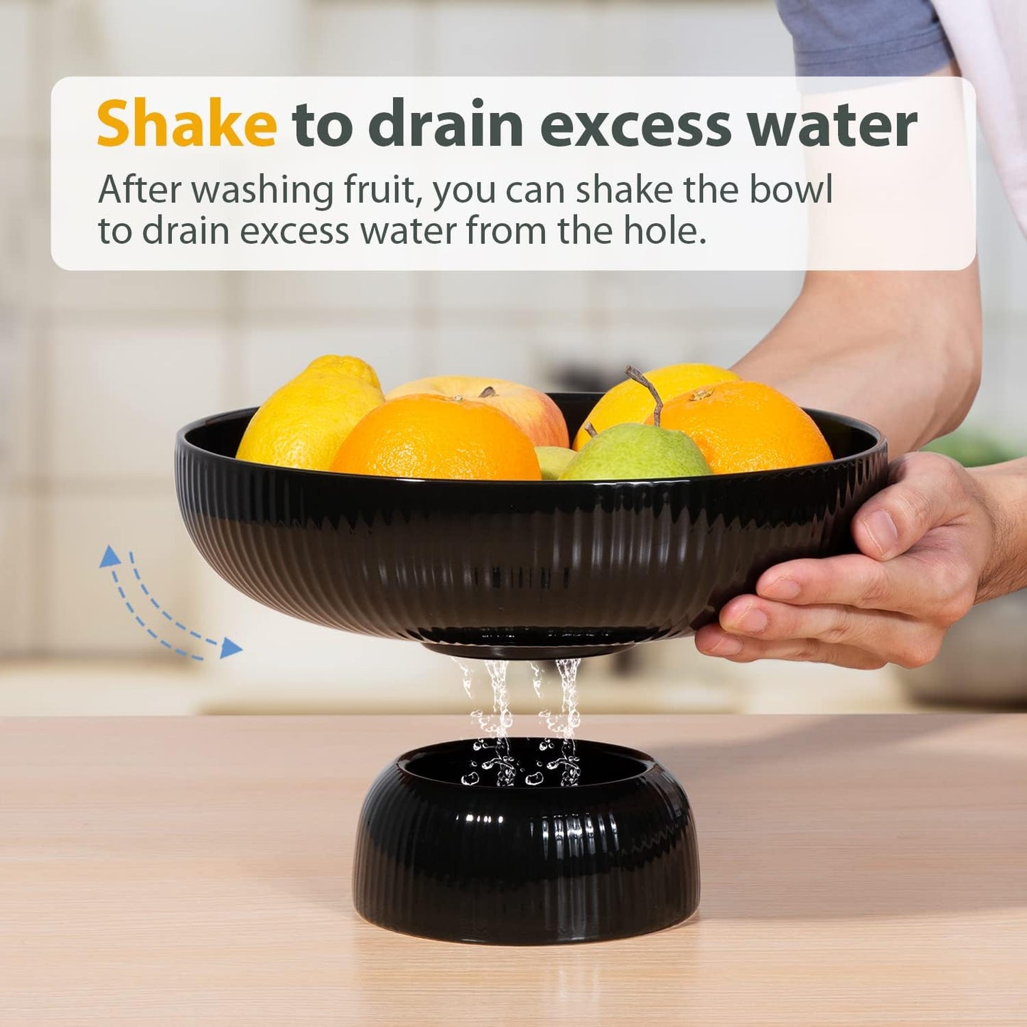 Ceramic Fruit Bowl with Draining Holes, 10" Large Fruit Basket with Multifunctional Removable Pedestal, Decorative Fruit Bowl for Table Countertop, Fruit and Vegetable Holder, Grey