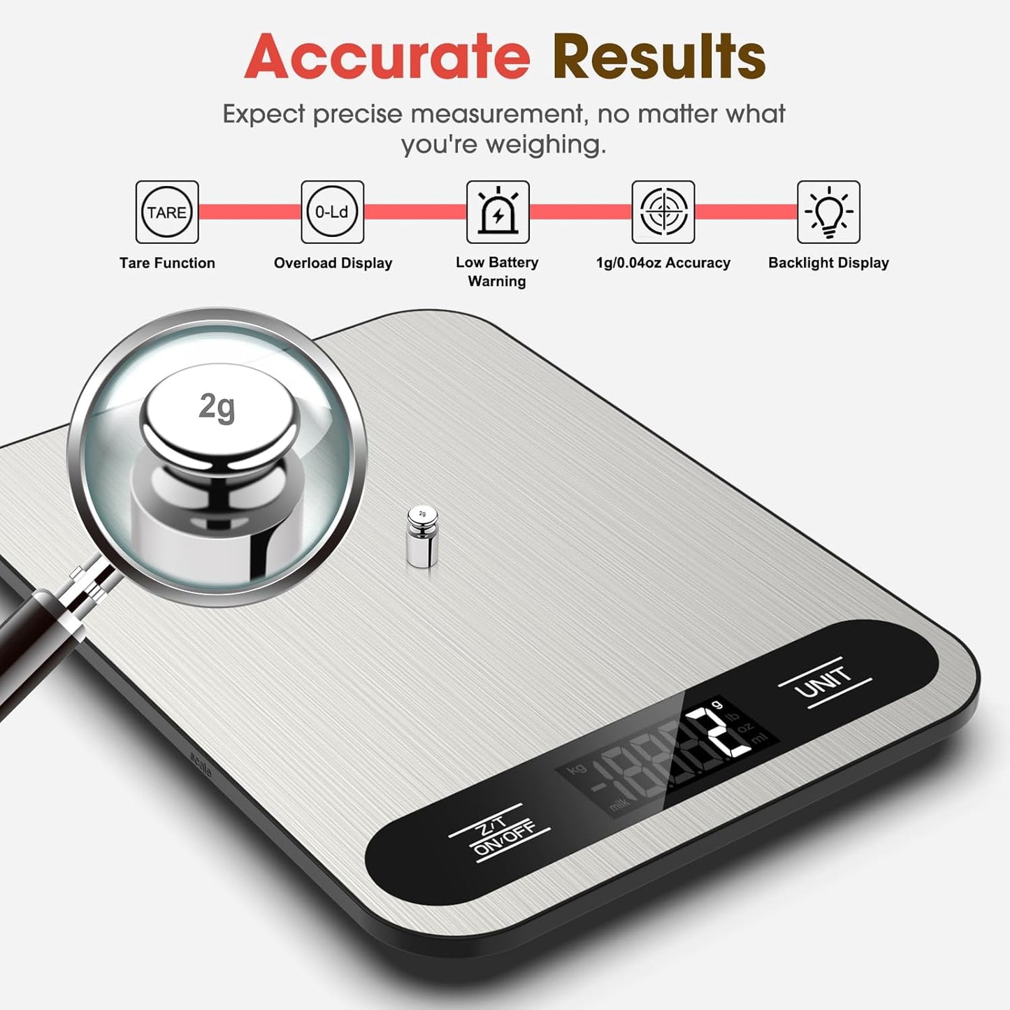 Mik-Nana Food Scale, 22lb Digital Kitchen Scale with 6 Units Tare Function & LCD Display, Stainless Steel Weight Grams and Ounces for Baking, Cooking and Meal Prep (Batteries Included)