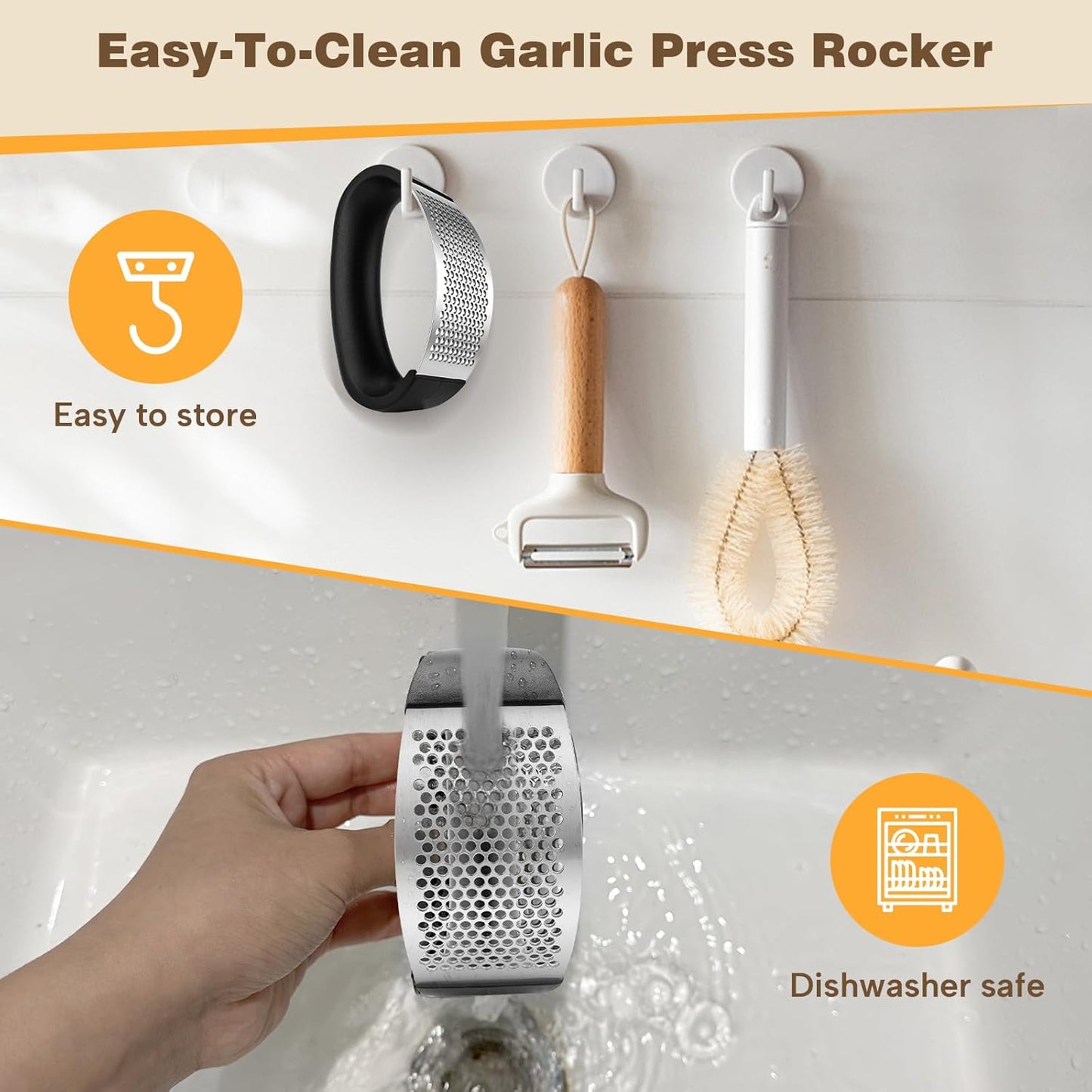 Cook Guy 304 Stainless Steel Garlic Press Rocker Set - Premium Garlic Mincer, Crusher, Peeler and Scraper Tool for Effortless Mincing - Comfortable Grip Garlic Grinder (Silver)