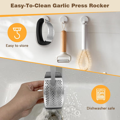 Cook Guy 304 Stainless Steel Garlic Press Rocker Set - Premium Garlic Mincer, Crusher, Peeler and Scraper Tool for Effortless Mincing - Comfortable Grip Garlic Grinder (Silver)
