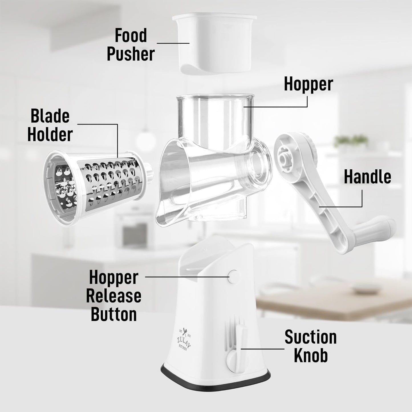 Zulay Kitchen Rotary Cheese Grater 5 Blade Cheese Shredder - Manual Hand Crank Cheese Grater With Reinforced Suction & 5 Interchangeable Drums - Easy to Use, Vegetable Chopper Round Mandoline Slicer - Colors B