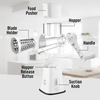 Zulay Kitchen Rotary Cheese Grater 5 Blade Cheese Shredder - Manual Hand Crank Cheese Grater With Reinforced Suction & 5 Interchangeable Drums - Easy to Use, Vegetable Chopper Round Mandoline Slicer - Colors B