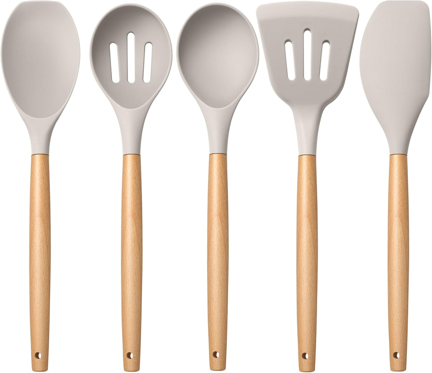 E-far Silicone Cooking Utensils Set, 10-Piece Heat Resistant Kitchen Utensils Set with Wooden Handle for Nonstick Cookware, Kitchen Nonstick Tools Spatula Whisk Tongs Ladle, Non-toxic & Healthy(Khaki)