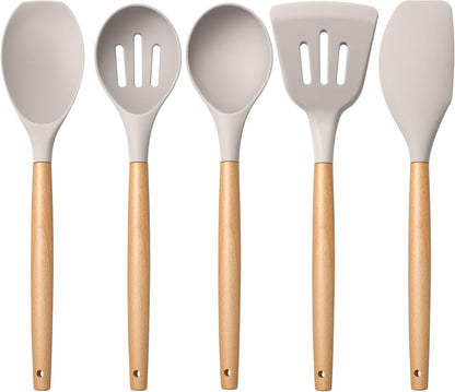 E-far Silicone Cooking Utensils Set, 10-Piece Heat Resistant Kitchen Utensils Set with Wooden Handle for Nonstick Cookware, Kitchen Nonstick Tools Spatula Whisk Tongs Ladle, Non-toxic & Healthy(Khaki)