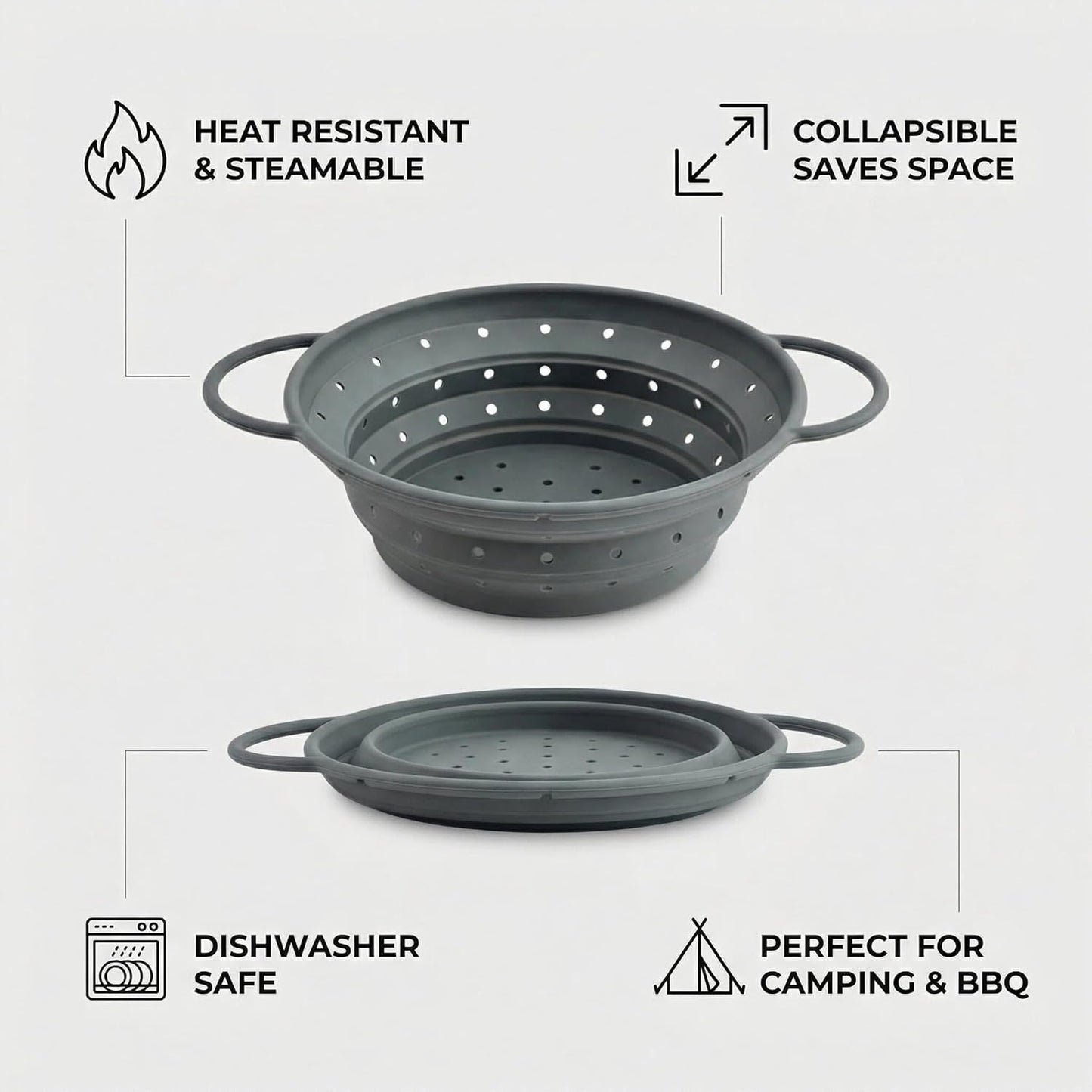 Collapsible Silicone Colander with Handles, Round Strainer with Stainless Steel Rim, Space Saving Kitchen Tool for Fruits & Vegetables,BPA-Free,Heat-Resistant Pasta Drainer(White, L)