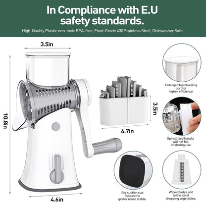 APSARAS USA Rotary Cheese Grater, 5 in 1 Rotary Grater, Cheese Grater Hand Crank, Replaceable Stainless Blades Cheese Shredder, Cheese Slicer, Easy to Clean Kitchen Gadgets with Storage Box