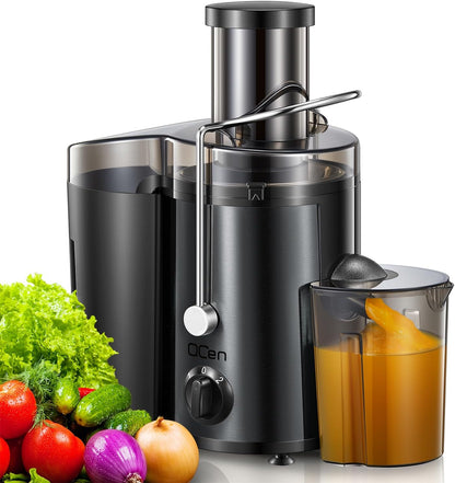 Qcen Juicer Machine, 500W Centrifugal Juicer Extractor with Wide Mouth 3” Feed Chute for Fruit Vegetable, Easy to Clean, Stainless Steel, BPA-free (Black)
