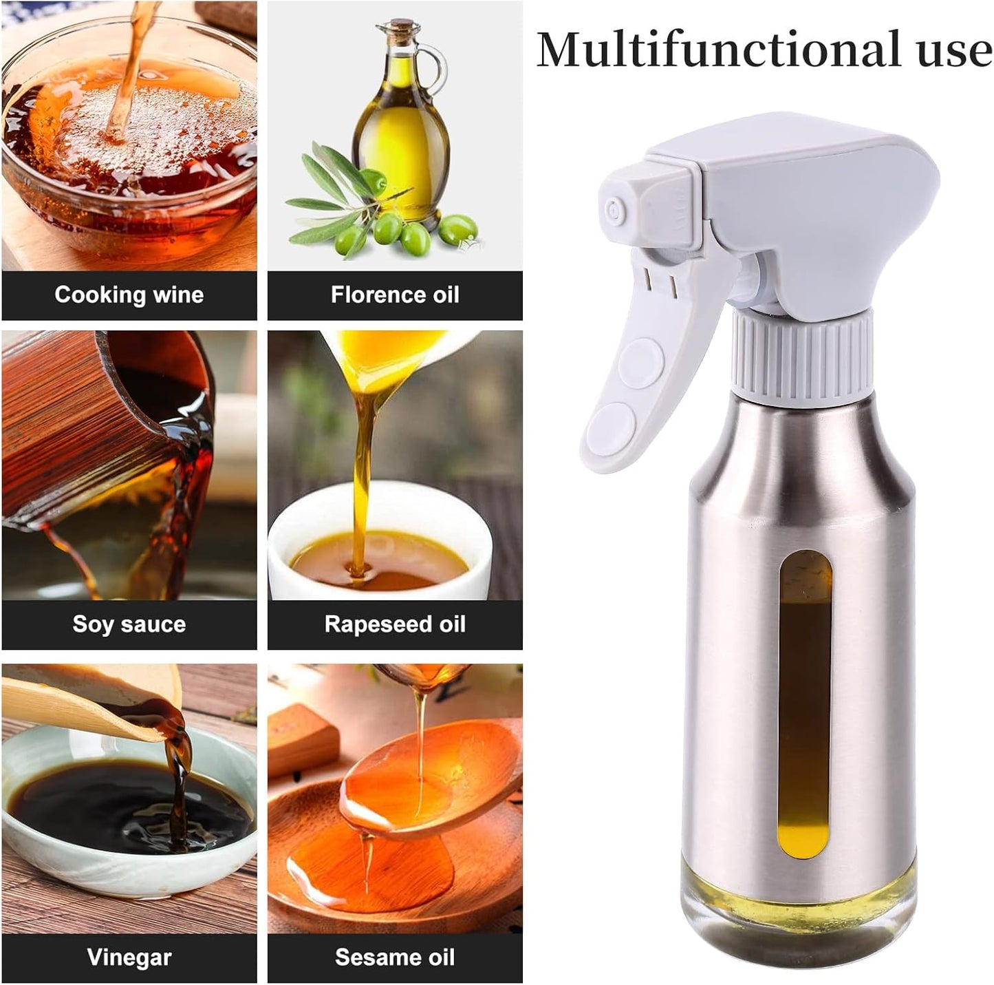Oil Sprayer for Cooking,Stainless Steel Olive Oil Mister for Air Fryer Black Nozzel Dispenser Bottles Fat Reduction Glass Oil Control Spray Pot 6.35oz(180ml) Capacity