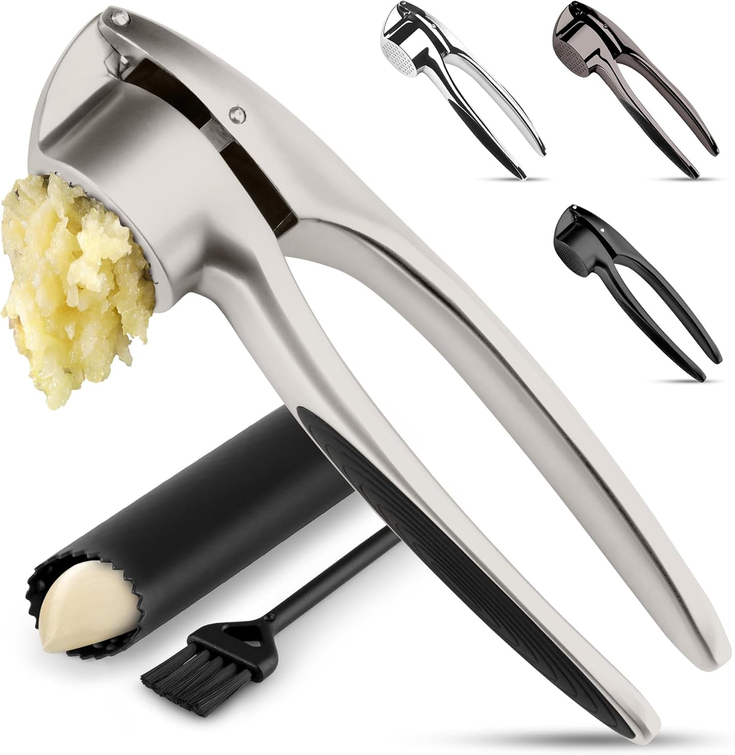 Zulay Kitchen Premium Garlic Press Set - Rust Proof Professional Garlic Mincer Tool - Easy-Squeeze, Easy-Clean with Soft, Ergonomic Handle - Silicone Garlic Peeler & Brush (Silver)