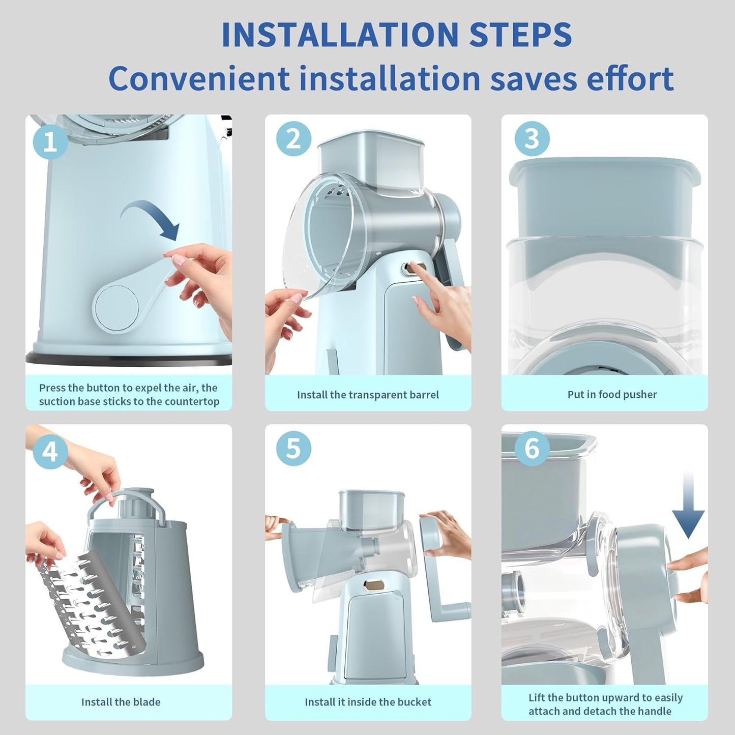 Rotary Cheese Grater with Handle - Compact Multi-Function Vegetable Shredder with 5 Sharp Blades & Strong Suction Base, Easy to Use Round Mandoline Slicer for Kitchen, Cooking, Camping & Travel