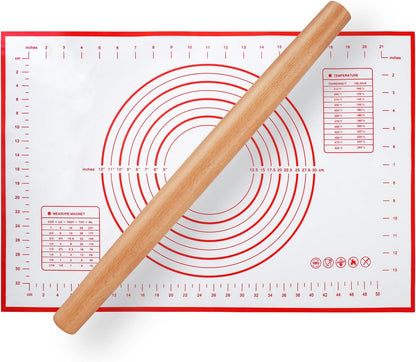 Wood French Rolling Pin for Baking, QUELLANCE Wooden Dough Roller with Silicone Baking Mat, Beech Wood Rolling Pins for Baking Dough, Pizza, Pie, Pastries, Pasta and Cookies,Blue Pastry Mat