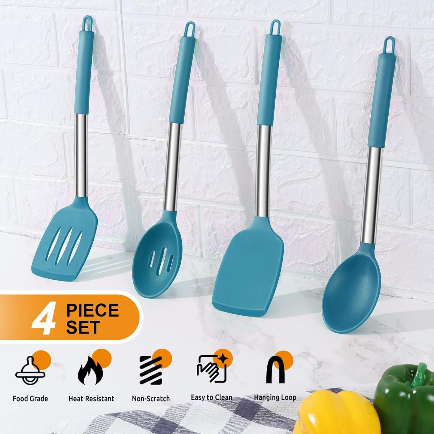 E-far Cooking Utensils Set of 4, Silicone Kitchen Utensils for Non-stick Cookware, Heat Resistant & Non-toxic Slotted Spatula Solid Spoon Turner for Flipping Mixing Serving Basting(Black)