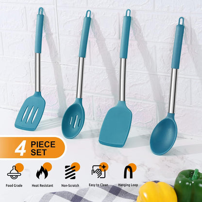 E-far Cooking Utensils Set of 4, Silicone Kitchen Utensils for Non-stick Cookware, Heat Resistant & Non-toxic Slotted Spatula Solid Spoon Turner for Flipping Mixing Serving Basting(Black)