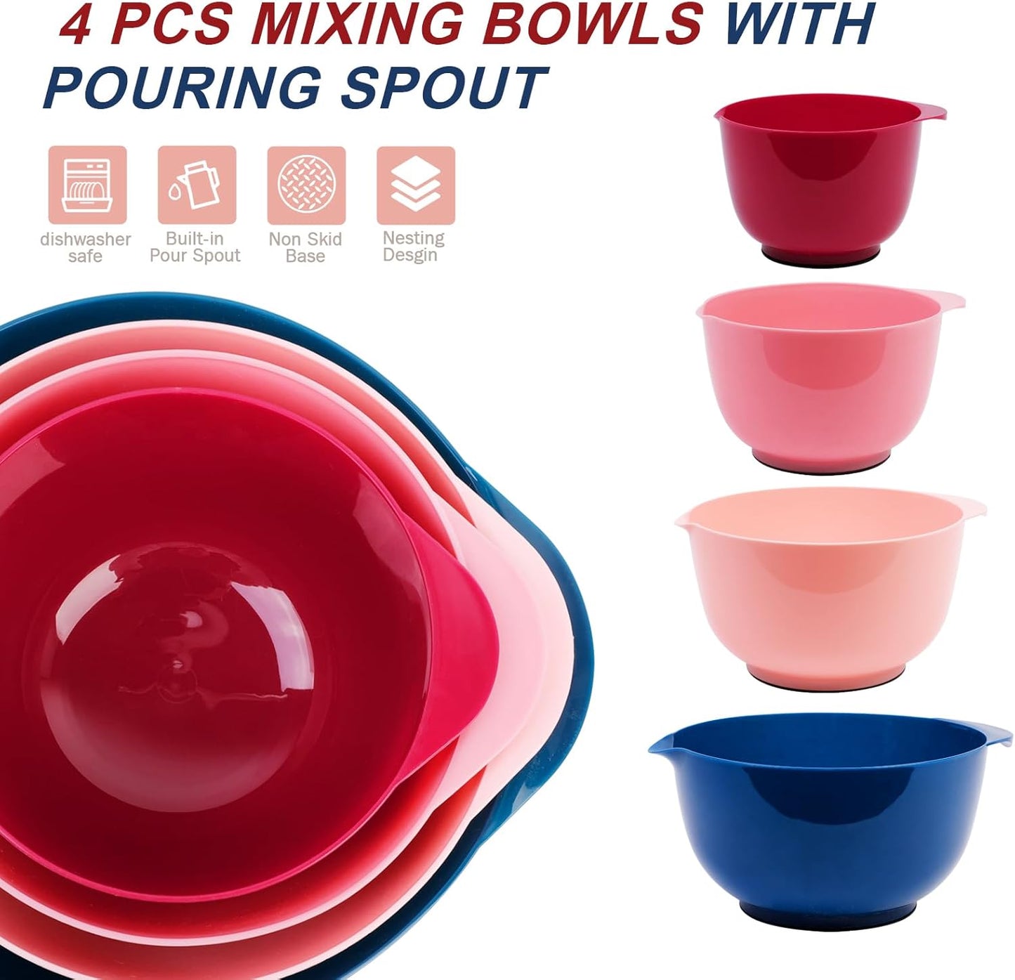 BoxedHome Green Ombre Nesting Plastic Mixing Bowl Set With Pour Spout, Microwave and Dishwasher Safe, BPA free Non-Slip Base, Set of 4 Size 1.7, 2.5, 3.5 and 4.5qt, Great for Prepping, Baking, Cooking