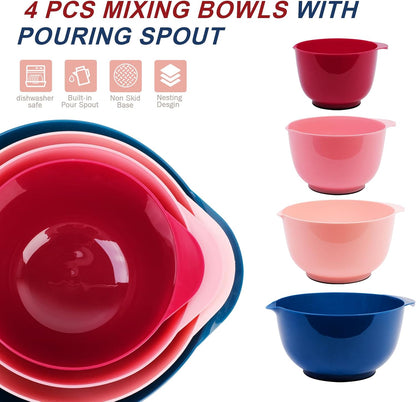 BoxedHome Green Ombre Nesting Plastic Mixing Bowl Set With Pour Spout, Microwave and Dishwasher Safe, BPA free Non-Slip Base, Set of 4 Size 1.7, 2.5, 3.5 and 4.5qt, Great for Prepping, Baking, Cooking