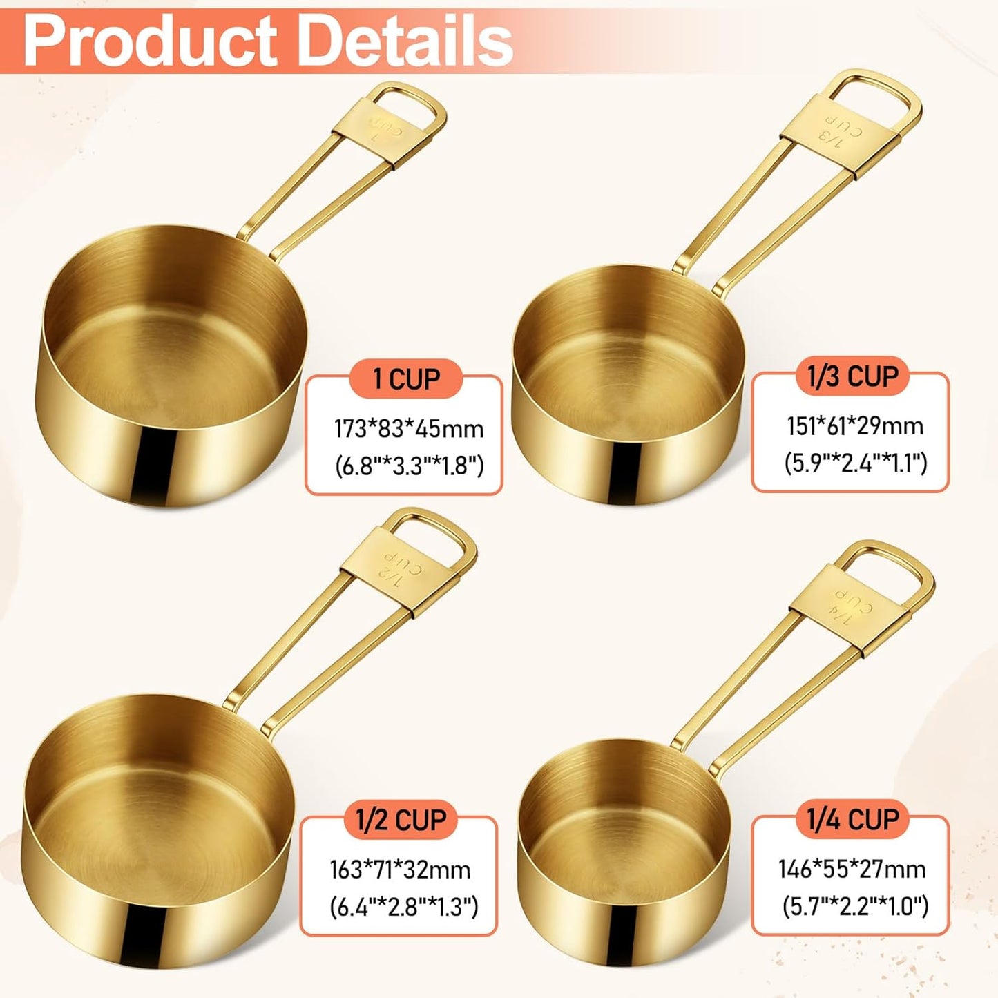 9 PCS GOLD Stainless Steel Measuring Cups and Spoons Set, Gold Nesting Design Teaspoon Stackable Cups and Spoons Heavy Duty Measuring Cup Set for Dry and Liquid Ingredients and Baking, Cooking(Golden)