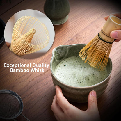 Buucup Matcha Set, Matcha Bowl with Spout, Matcha Whisk and Holder, Bamboo matcha Scoop and Stainless Sifter - 5 Pcs Jade Green Matcha Set Kit for Matcha Lover