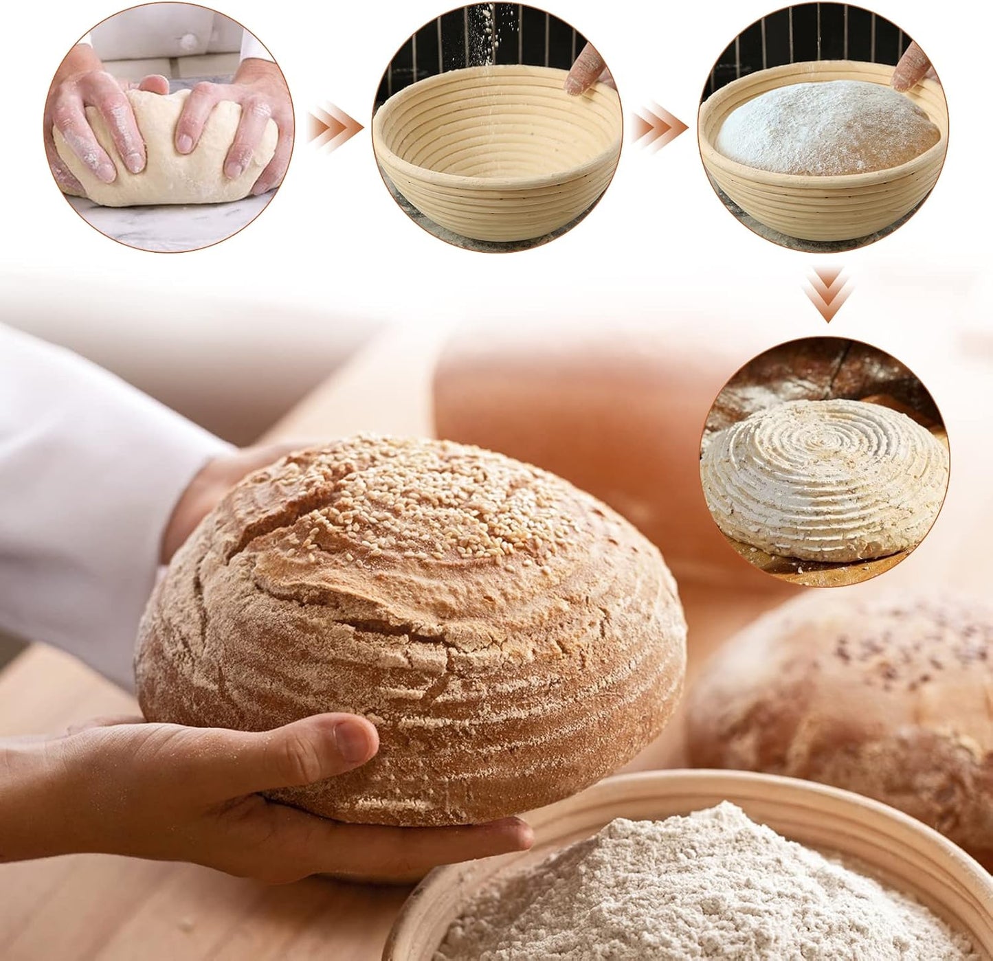 Sourdough Bread Baking Supplies: 9 Inch Round & 10 Inch Oval Banneton Bread Proofing Baskets w/Liner, Bread Lame, Dough Scrapers, Cleaning Brush, Artisan Bread Making Gifts for Bakers