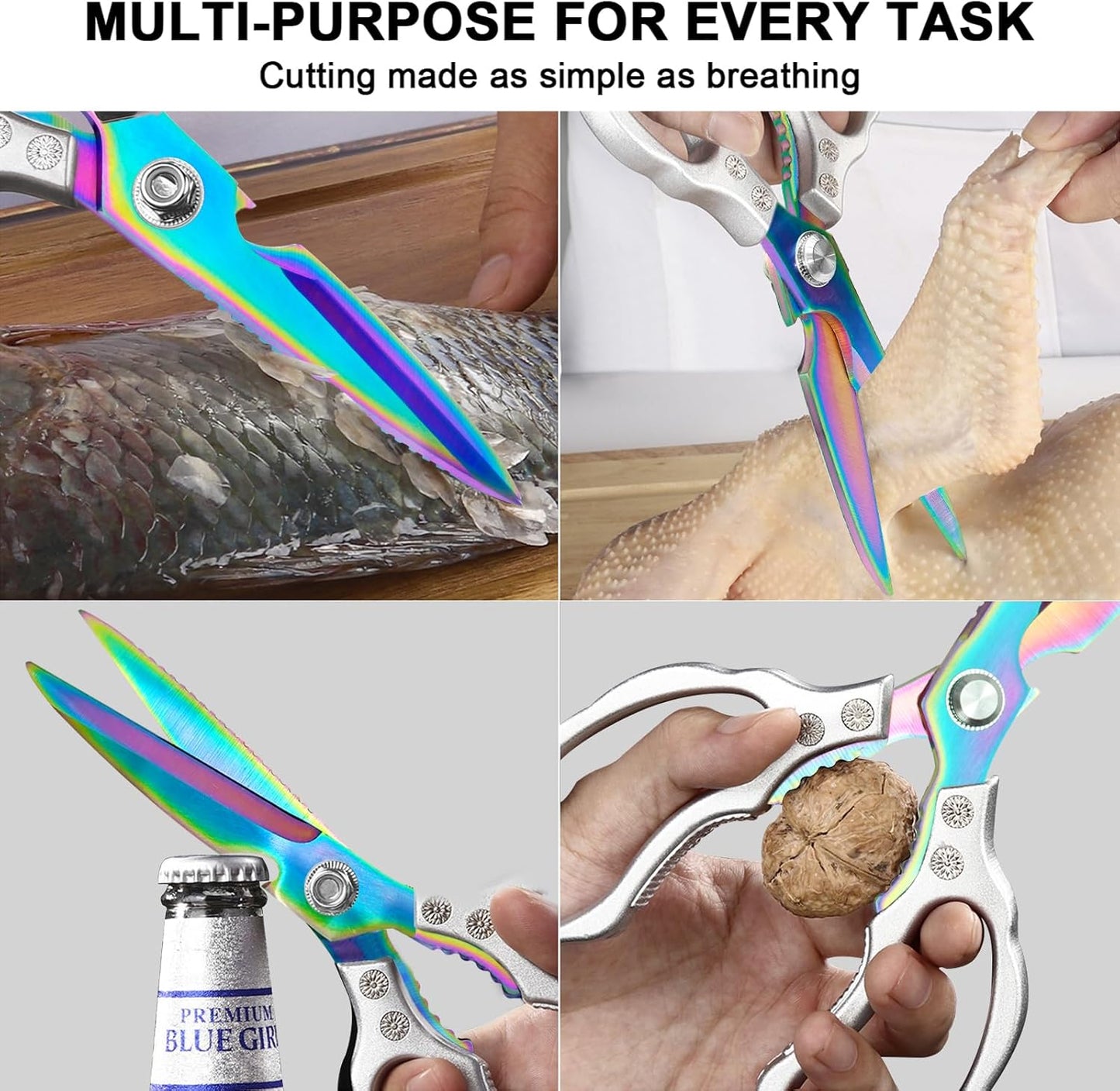 CGBE Kitchen Scissors, Multi-Purpose Kitchen Shears, Heavy Duty Dishwasher Safe Food Scissors for Chicken, Poultry, Fish, Meat & Herbs with Non-Slip Grips - Sliver