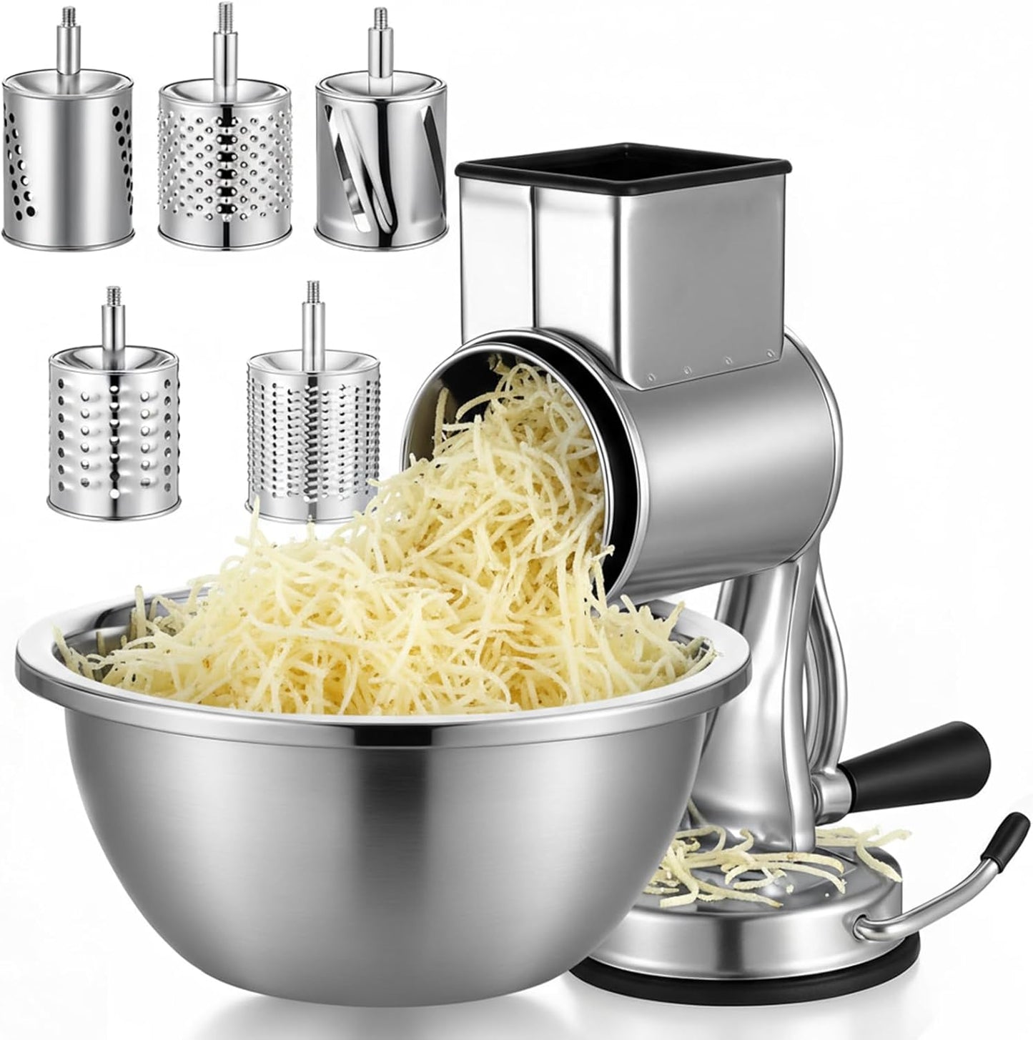 2 Pcs Stainless Steel Rotary Cheese Grater with 8.2 Qt Mixing Bowl and 5 Interchangeable Blades Reinforced Suction Base Metal Manual for Kitchen Vegetable Slicer Shredder for Nuts Cookies