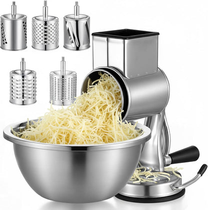 2 Pcs Stainless Steel Rotary Cheese Grater with 8.2 Qt Mixing Bowl and 5 Interchangeable Blades Reinforced Suction Base Metal Manual for Kitchen Vegetable Slicer Shredder for Nuts Cookies