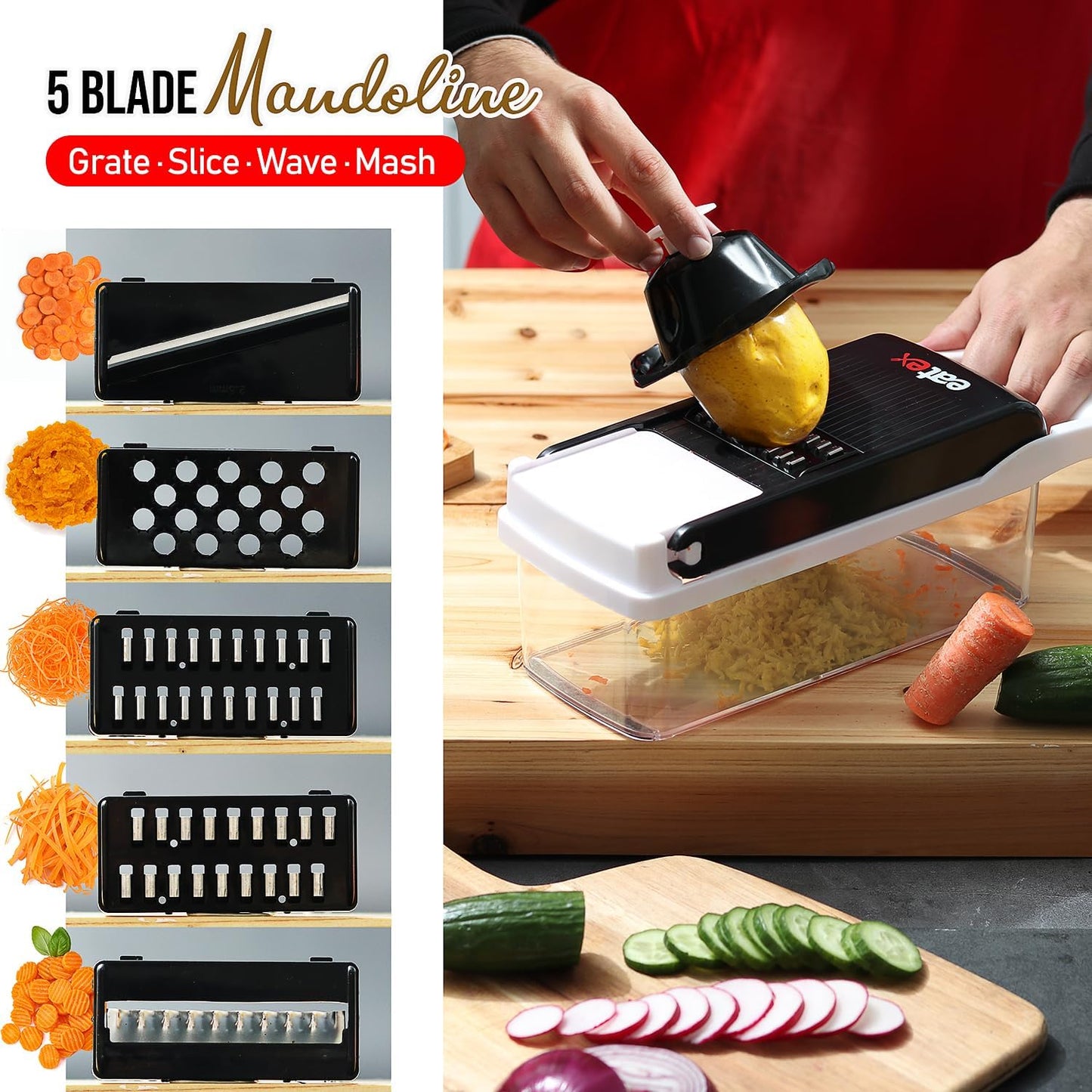 EatEx Vegetable Chopper with Container, Multifunctional Veggie Chopper Vegetable Cutter, Onion Chopper Dicer, Salad Chopper, Onion Cutter, 21 Piece Food Chopper, Vegetable Spiralizer, Julienne Peeler