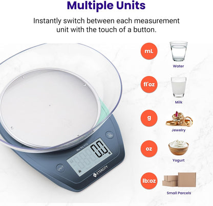 Etekcity 0.1g Food Kitchen Scale, Bowl, Digital Grams and Ounces for Weight Loss, Dieting, Baking, Cooking, and Meal Prep, 11lb/5kg, Stainless Steel Silver