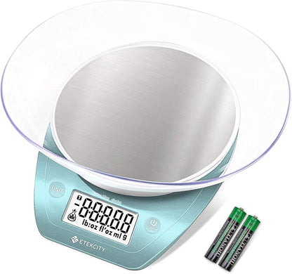 Etekcity 0.1g Food Kitchen Scale, Bowl, Digital Grams and Ounces for Weight Loss, Dieting, Baking, Cooking, and Meal Prep, 11lb/5kg, Stainless Steel Silver