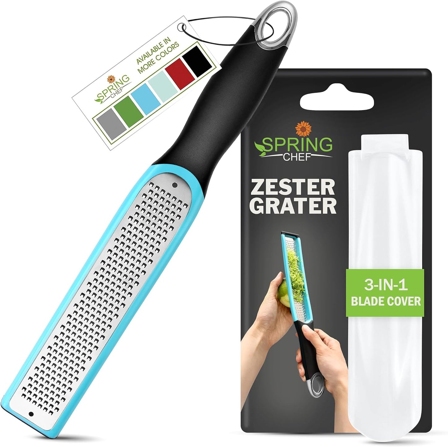 Spring Chef Premium Lemon Zester Grater with Handle - Fruits, Garlic, Chocolate, Nutmeg, Ginger Grater - Heavy Duty Kitchen Tool - Stainless Steel Citrus Zester with Blade Cover - Fine Shred, Black