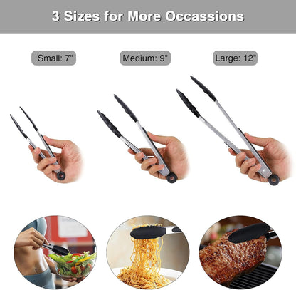 Kitchen Tongs Set of 3, Cooking Tongs with Silicone Tips, Non-Stick Non-Scratch Heat Resistant Tongs for Grilling Cooking BBQ Salad Serving (Multicolor, 7/9/12 Inch)