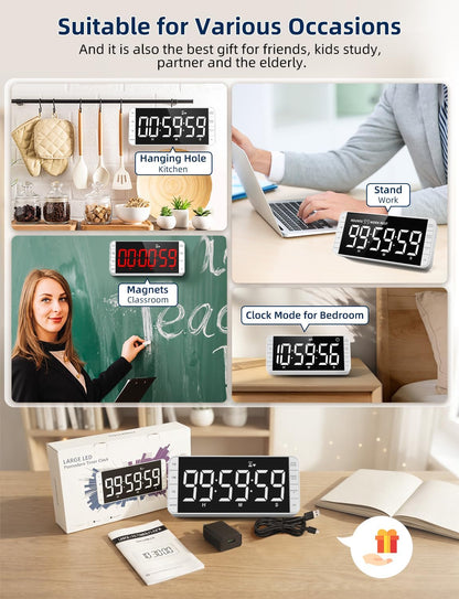 7.8" Digital Kitchen Timer with Large LED Display, Magnetic Rechargeable Countdown Timer, 5 Alarms & 4 Volume Levels, 99H Count Up/Down Timer for Cooking, Classroom & Study