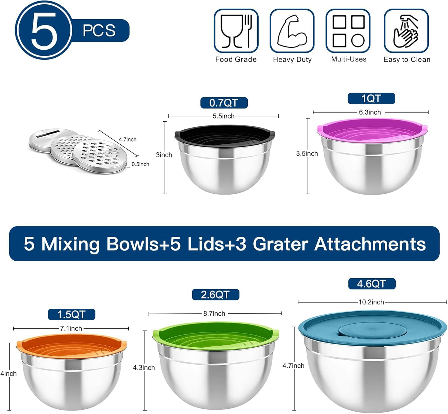 TeamFar Mixing Bowls with Airtight Lids, 5PCS Stainless Steel Metal Salad Bowl with 3 Grater Attachments, for Cooking, Prepping, Serving, Healthy & Easy Clean - 0.7/1/1.5/2.6/4.6QT, Khaki