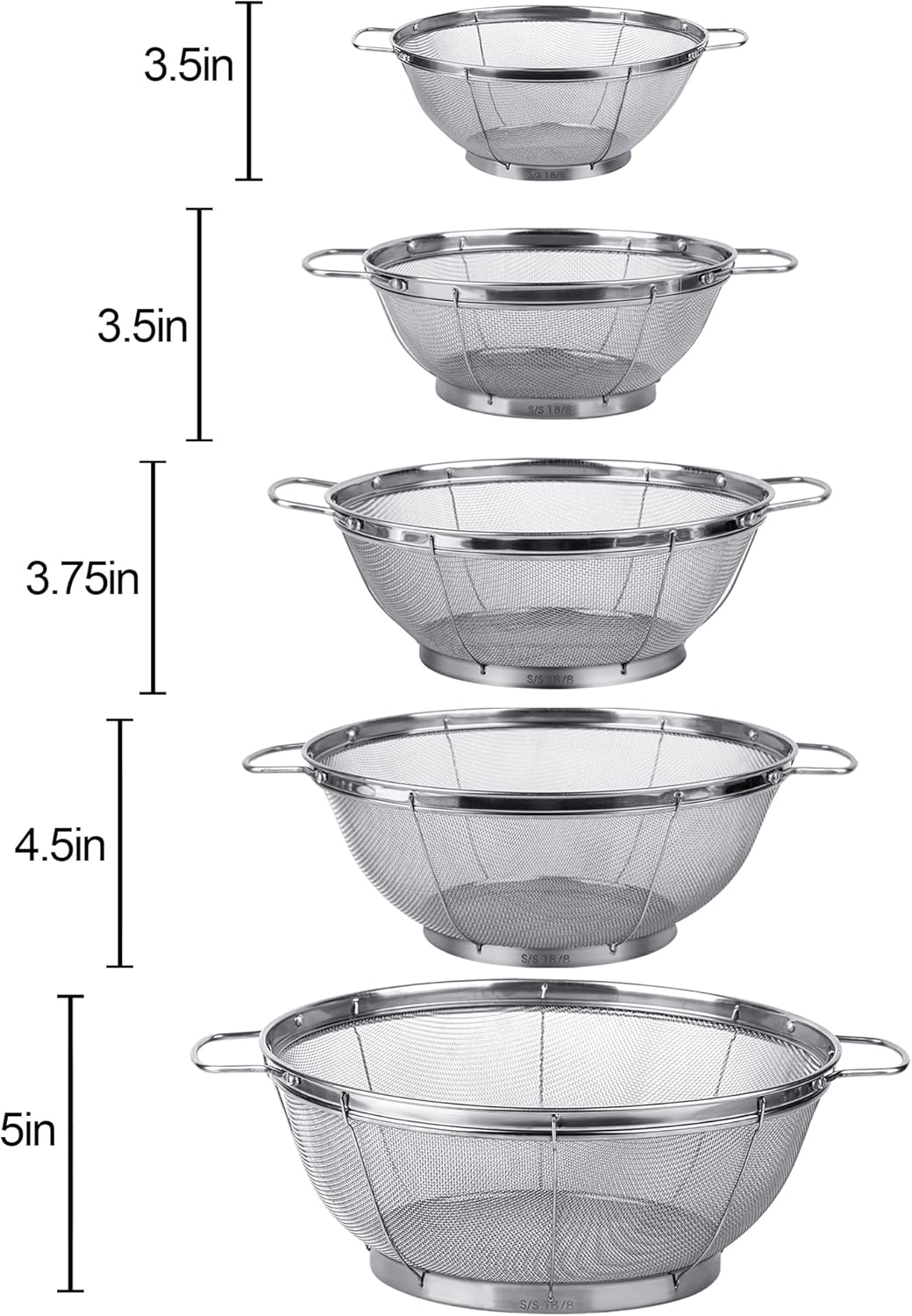 5 Pack 18/8 Stainless Steel Colander Sieves, Multi Size Mesh Strainer Net Baskets with Handles & Resting Base for Strain, Drain, Rinse or Steam
