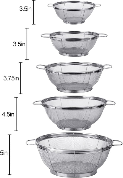 5 Pack 18/8 Stainless Steel Colander Sieves, Multi Size Mesh Strainer Net Baskets with Handles & Resting Base for Strain, Drain, Rinse or Steam