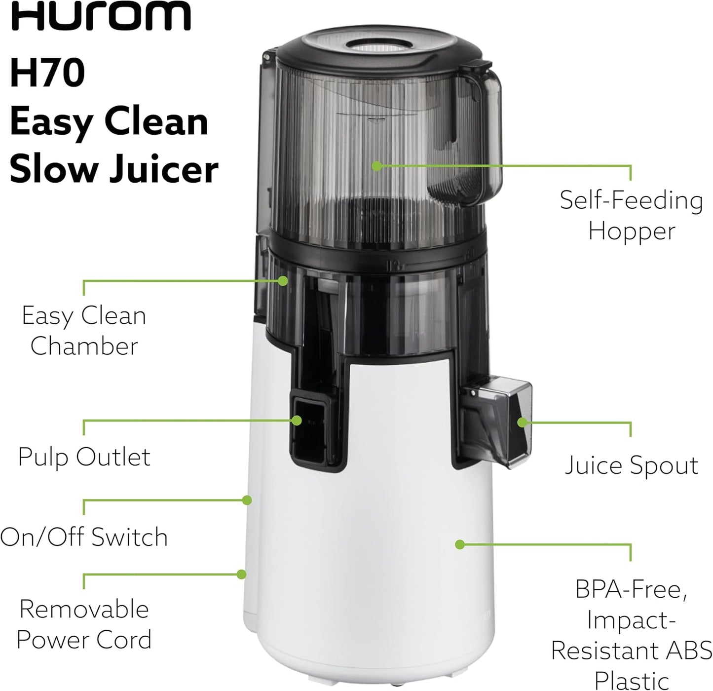 Hurom H70 Cold Press Juicer Machine, Easy to Clean Masticating Slow Juicer, Ideal Balance of Size and Function, Compact, Strainer Free, Self Feeding, Hands Free, with Wide Mouth Hopper (Black)