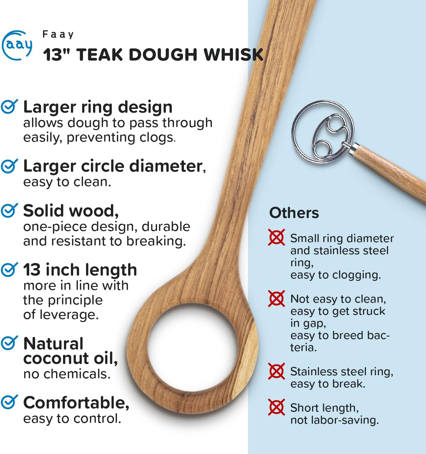 FAAY 13" Dough Whisk, 100% Healthy Teak Kitchen Utensils for Bread Mixing, Sourdough, Batter Preparation, Baking, and Cooking Tools