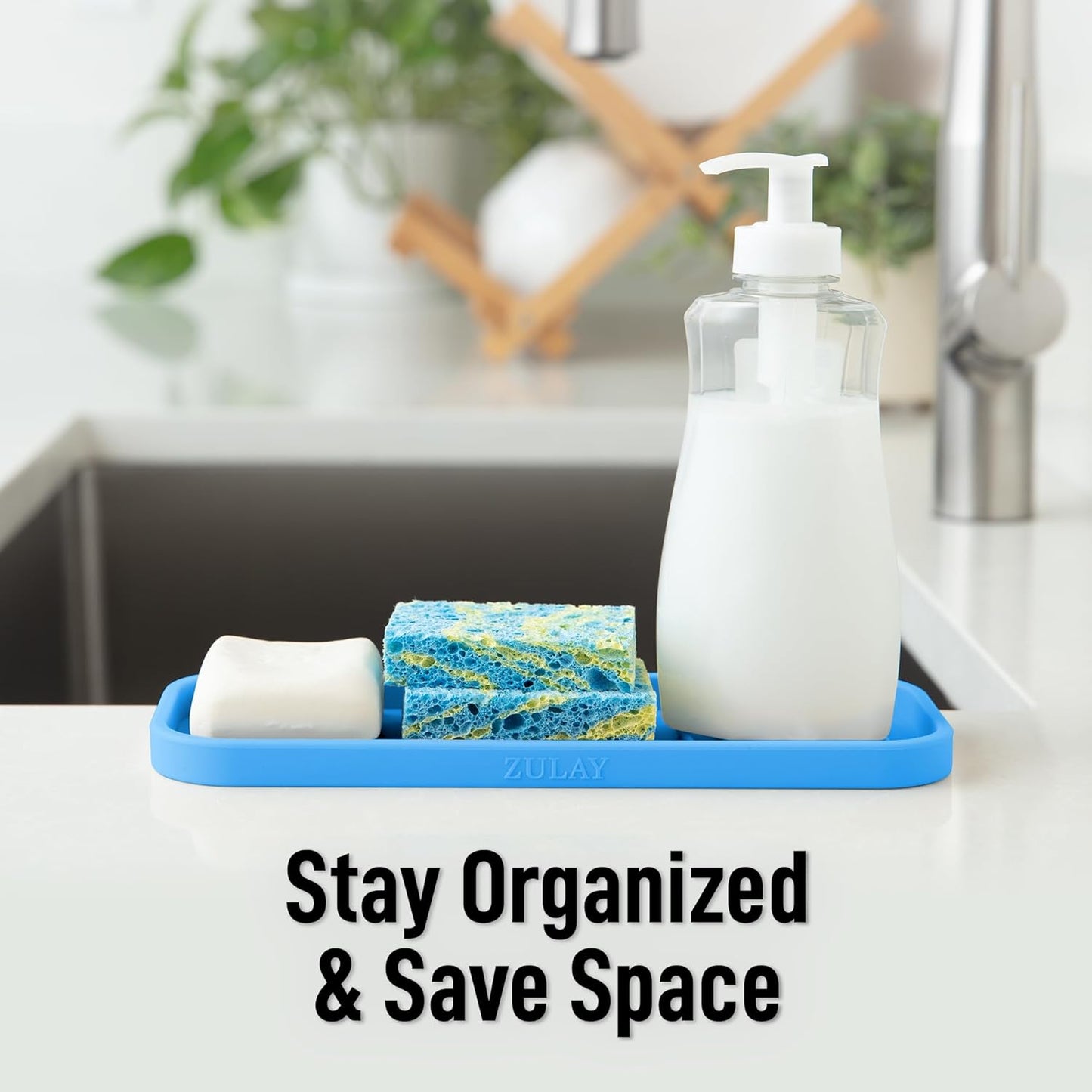 Zulay Kitchen (9x3.5in Sponge Holder for Kitchen Sink - Flexible Heavy-duty Multipurpose Sink Caddy - Counter Organizer for Kitchen, Bathroom, Makeup, Trinkets & More! (Grey)