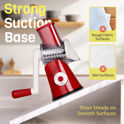 Cheese Grater Hand Crank, Rotary Cheese Shredder with 3 Interchangeable Blades for Coarse, Fine Shredding and Slicing, Strong Suction Base for Pizza, Pasta, Salad, Vegetables, Nuts, Chocolate