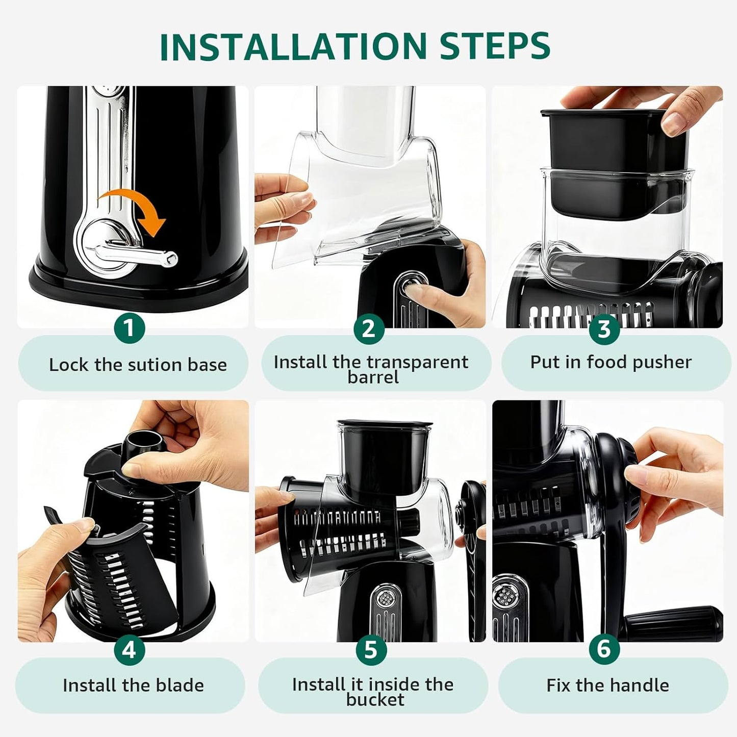 Rotary Cheese Grater Hand Crank - Cheese Shredder with 5 Blades & Strong Suction Base, Mandoline Slicer Vegetable Chopper, Kitchen Gadgets with Storage Box, Black