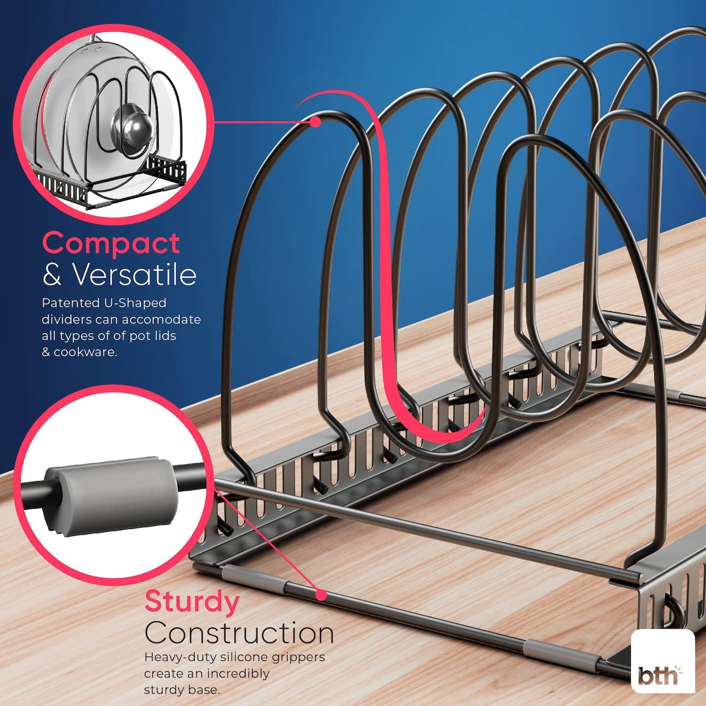 Better Things Home 7.5” Wide 12-Slot Adjustable Large Pan and Pot Lid Organizer with Scratch-Free Pads, Expandable Pot Lid Holder Rack for Cabinet, Pots and Pans Organizer Inside Cabinet