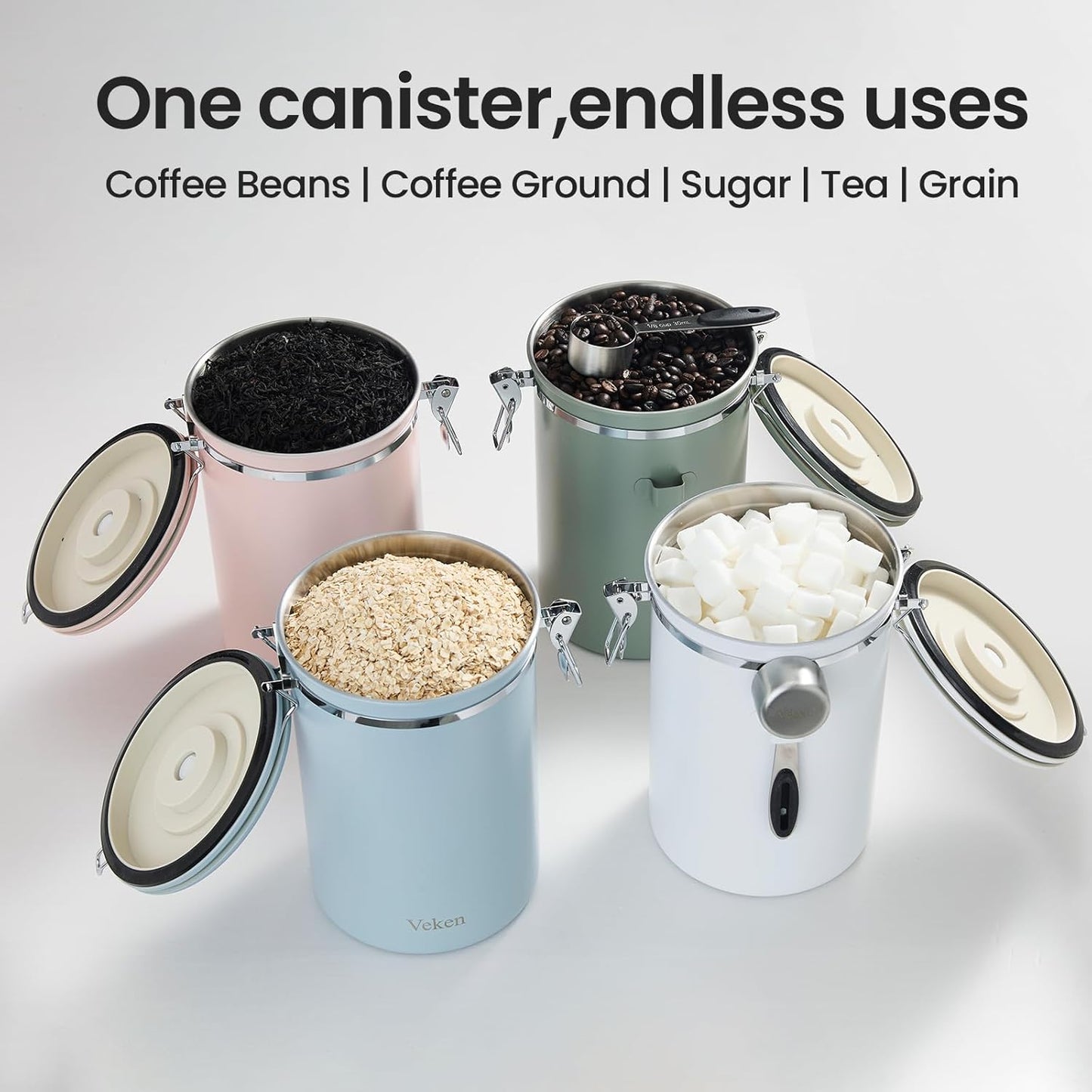 Veken Coffee Canister, Airtight Stainless Steel Kitchen Food Storage Container with Date Tracker and Scoop for Beans, Grounds, Tea, Flour, Cereal, Sugar, Cookie, 16OZ, Cream