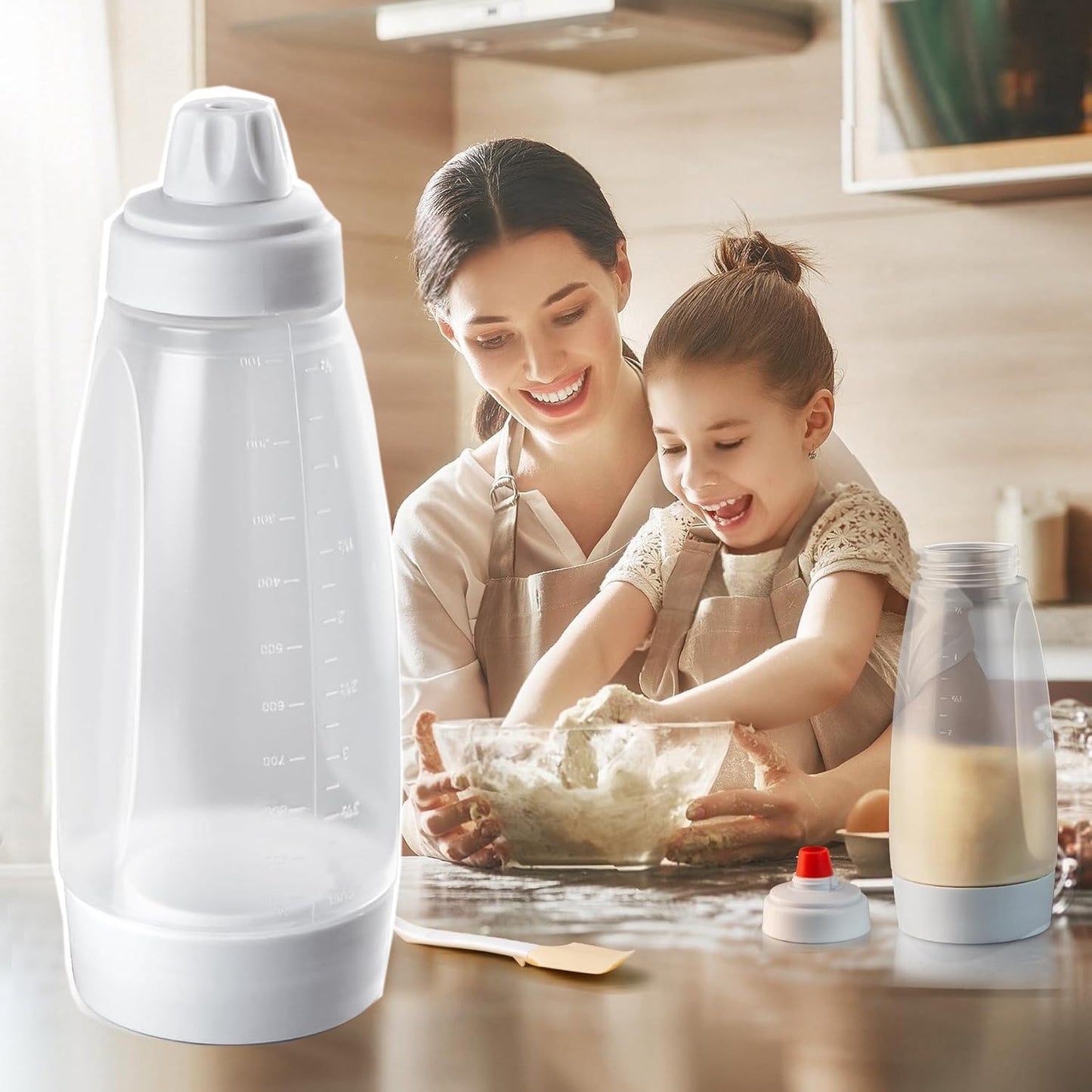 Pancake Batter Dispenser,Pancake Batter Dispenser Bottle with Whisk Ball, 1000ML Batter Mixer and Dispenser for Pancakes, Crepes, Waffle,Kitchen Baking Tool, 2 Pack